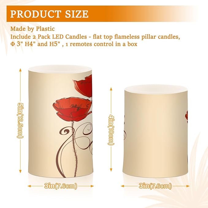 Flickering Flameless Candles, Red Poppy Flowers Retro LED Candles with Remote Timer, Set of 2 Battery Operated Candle for Valentine Wedding Birthday-VerdiqueGarden