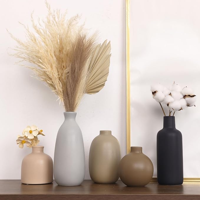 CUCUMI Ceramic Vase Set of 5, Home Decor Farmhouse Décor Handmade Pottery Vases for Pampas Grass, Dried Fresh Flowers, Table, Living Room, Kitchen, Shelf, Entryway Mantel Neutral Tones-VerdiqueGarden