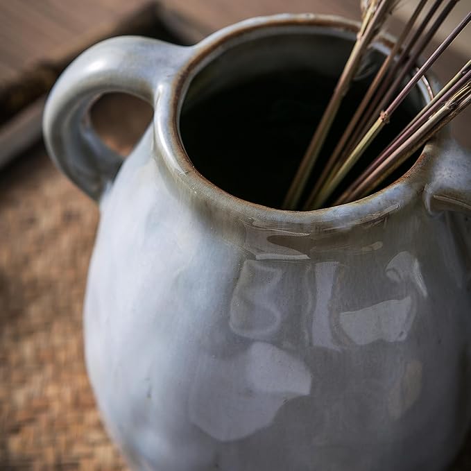 Kimdio Ceramic Vase with 2 Handles, Modern Farmhouse Grey Vase for Home Decor, Rustic Pottery Vase, Boho Decorative Terracotta for Flowers, Clay Pampas Grass Vases for Living Room Dining Table Shelves-VerdiqueGarden