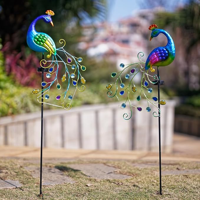 DREAMSOUL 2 Pack Peacock Solar Lights Outdoor, Waterproof Metal Peacock Outdoor Solar Lights for Yards Pathway Lawn Decoration Peacock Gifts-VerdiqueGarden