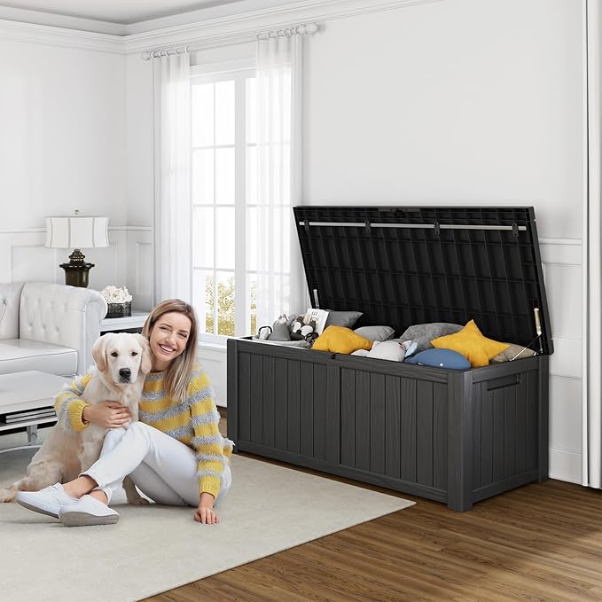 120 Gallon Resin Deck Box, Lockable Patio Outdoor Storage Box for Furniture, Garden Tools and Tools Storage, Waterproof Outside Storage Boxes - Black-VerdiqueGarden
