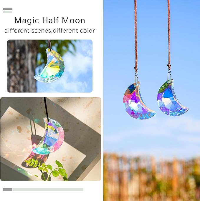 HDCRYSTALGIFTS 2pcs 50mm Crystal Prisms Sun Catchers,Half Moon Drop Hanging Suncatchers for Windows, Rainbow Maker Crystals Decoration-VerdiqueGarden