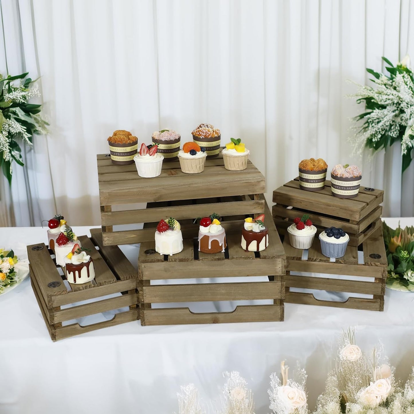 Large Wood Crates, Set of 5 Decorative Storage Box with Handles, Vintage Gray Farmhouse Wooden Crates for Decor, Wedding Birthday Home Party Living Room Kitchen Decoration-VerdiqueGarden