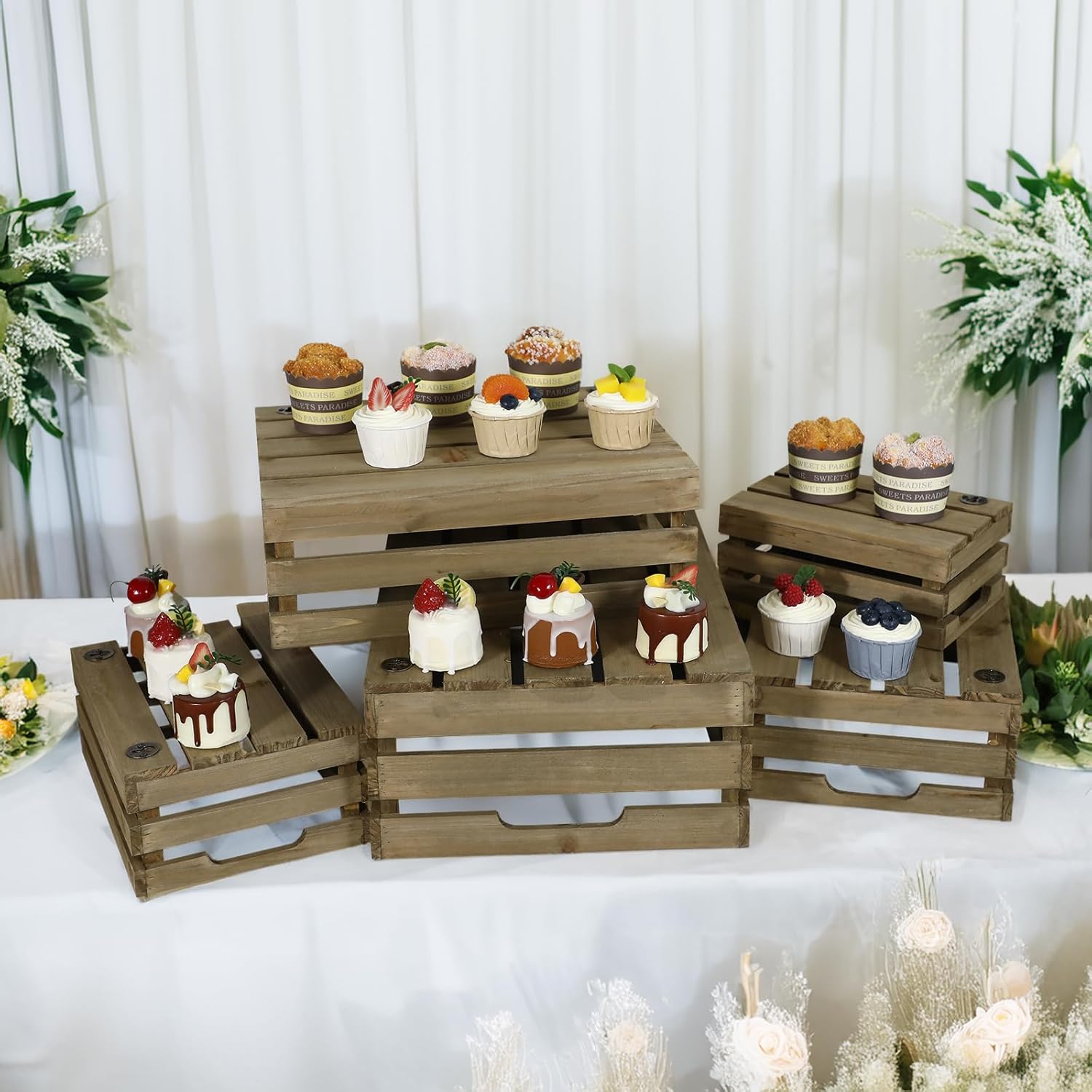 Large Wood Crates, Set of 5 Decorative Storage Box with Handles, Vintage Gray Farmhouse Wooden Crates for Decor, Wedding Birthday Home Party Living Room Kitchen Decoration-VerdiqueGarden