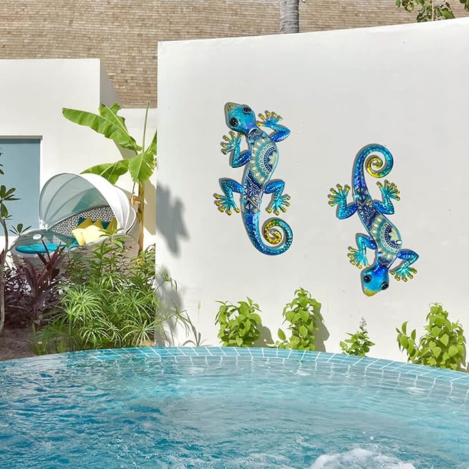 HONGLAND Metal Gecko Wall Art 2Pcs Outdoor Wall Decor Lizard Metal Hanging Wall Decoration Glass Sculpture for Garden Yard Patio Fence Home (Blue)-VerdiqueGarden