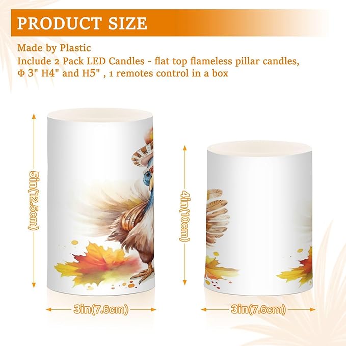Flickering Flameless Candles, Cute Turkey Thanksgiving Pumpkin LED Candles with Remote Timer, Set of 2 Battery Operated Candle for Valentine Wedding Birthday-VerdiqueGarden