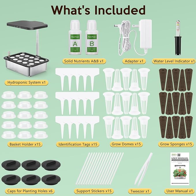 Hydroponics Growing System Herb Garden - HidroPony 15 Pods Indoor Gardening System with Grow Light, Stainless Steel Plants Germination Kit with Quiet Pump System, Gardening Gifts for Women-VerdiqueGarden