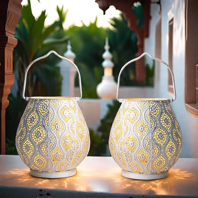 TRIROCKS Set of 2 Moroccan Decorative Lamps 8'' High Battery Powered Cordless Lamp Metal Table Lamps with Fairy Lights Bulb for Home Living Room Garden Yard Party Events Tabletop Indoor Outdoor(White)-VerdiqueGarden