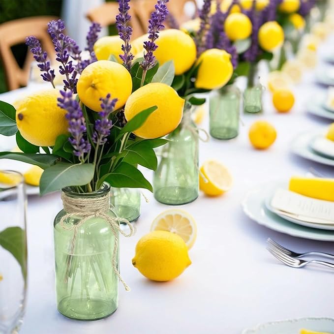 Vintage Glass Flower Vase，6 Pack Green Farmhouse Glass Centerpiece Vases Mason Jars for Weddings, Parties & Home Decor Bulk (6,Green)-VerdiqueGarden