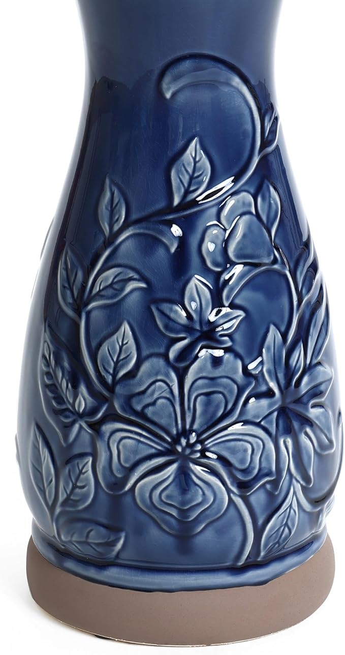 LuxenHome 22 Inch Ceramic Bird Bath for Outside, Elegant Tall Outdoor Bird Bath, Lightweight Pedestal Glazed Birdbaths for Outdoors with Floral Pattern, Deep Blue-VerdiqueGarden