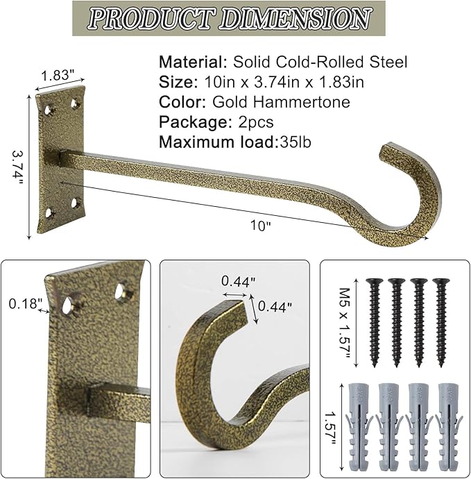10 inch Heavy Duty Hanging Plant Bracket Decorative Wall Hook 2 Pack (Gold Hammertone)-VerdiqueGarden