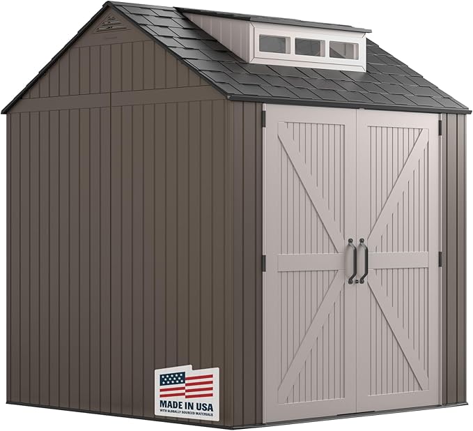 Rubbermaid Large Resin Outdoor Storage Shed With Floor (7 x 7 Ft.), Weather Resistant, Brown, Organization for Home/Lawn Mower/Backyard Equipment/Bike Storage/Pool Supplies-VerdiqueGarden