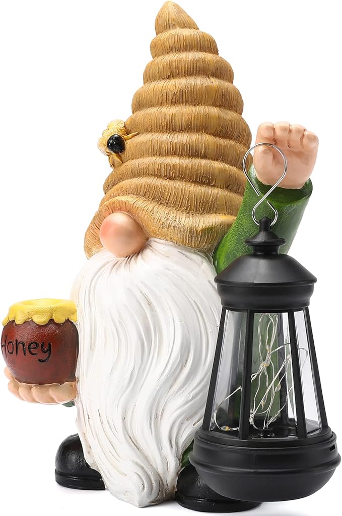 12.3''Solar Garden Gnome Outdoor Decor Honey Bee jar Gnome Statue with LED Lantern Fall Patio Yard Art Decoration Christmas Gardening Birthday Gifts for Women Mom, Honey Bee Gnome-VerdiqueGarden