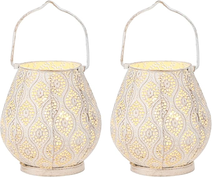 TRIROCKS Set of 2 Moroccan Decorative Lamps 8'' High Battery Powered Cordless Lamp Metal Table Lamps with Fairy Lights Bulb for Home Living Room Garden Yard Party Events Tabletop Indoor Outdoor(White)-VerdiqueGarden
