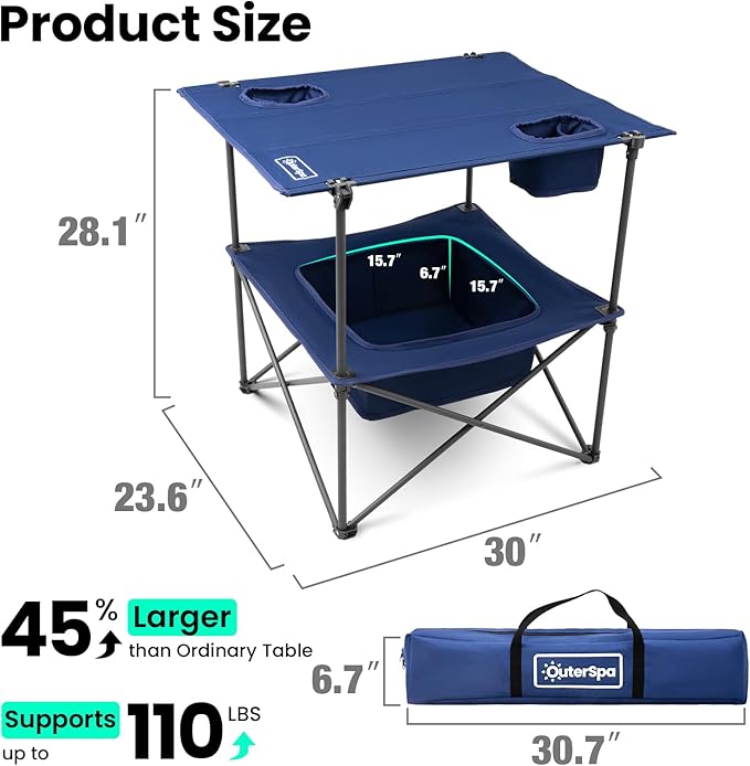 Folding Camping Table, Portable Outdoor Picnic Table, Rectangular Lightweight Camp Table with Storage, Cup Holder and Carry Bag for Barbeque Beach Camping and Tailgate-VerdiqueGarden