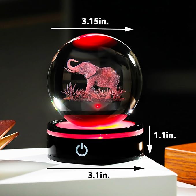 YWHL 3D Elephant Figurine Crystal Ball with Colorful Light Base, Elephant Gift for Women and Men on Christmas or Birthday, 3D Laser Engraved Full Sphere Glass Decorative Ball for Home or Office (80mm)-VerdiqueGarden