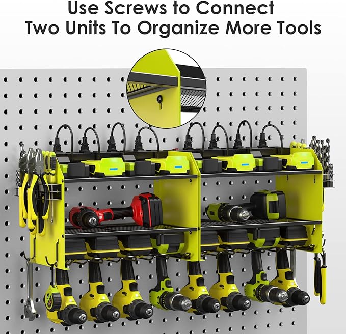 CCCEI Modular Power Tool Organizer Wall Mount with Charging Station. Garage 4 Drill Storage Shelf with Hooks, Screwdriver, Drill Bit Heavy Duty Rack, Tool Battery Holder Built in 8 Outlet Power Strip.-VerdiqueGarden