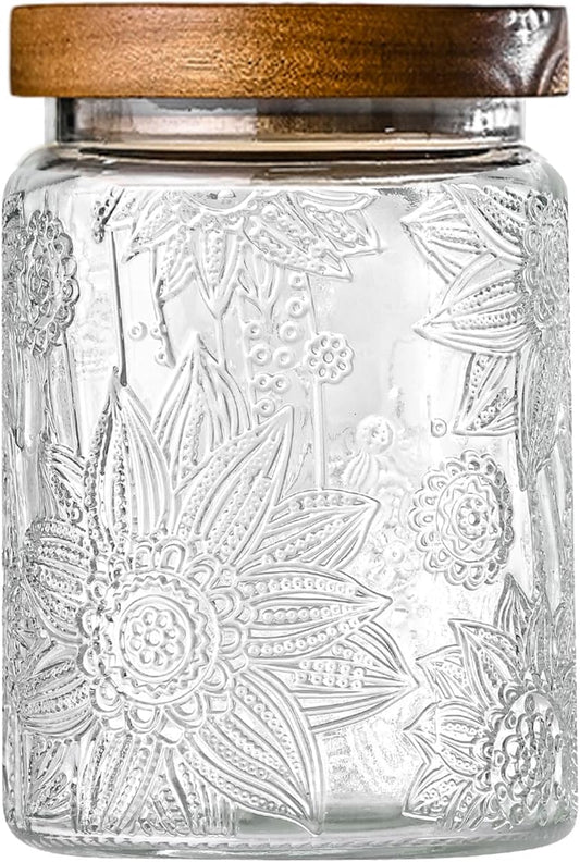 24oz Vintage Glass Canister With Lid Small Glass Jars Wide Mouth Mason Jars Airtight Coffee Canisters Kitchen Storage Containers For Sugar Tea Spice Flour Candy Cookie Cereal Cute Decorative-VerdiqueGarden