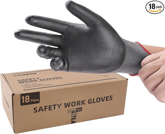 LANON 18 Pairs Safety Work Gloves, Mechanic Working Gloves for Men,Breathable PU Coated, Seamless Knit,Double Wash, Grey, X-Large-VerdiqueGarden