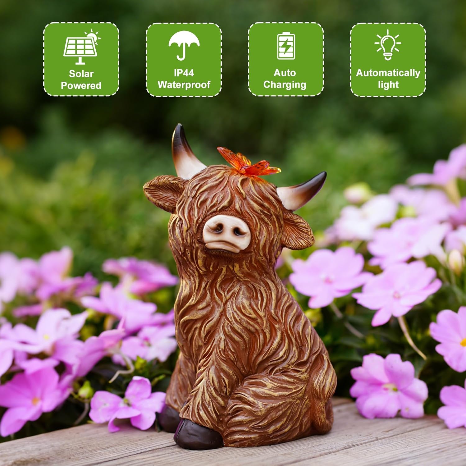 Solar Garden Statue Highland Cow Figurine – Outdoor Decoration with Butterfly for Garden Yard Lawn Home Decor Outside : Unique Gifts for Mom Grandma-VerdiqueGarden