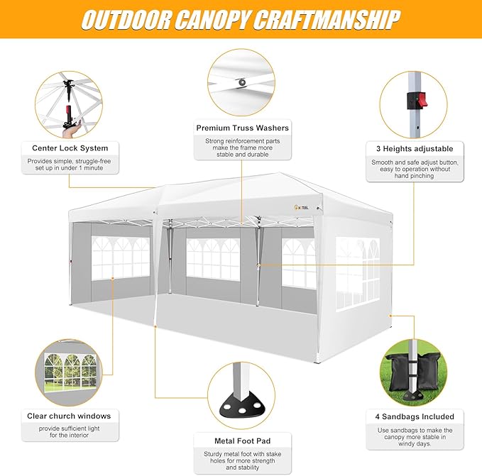 HOTEEL 10x20 Pop up Canopy with Sidewalls, One Push Outdoor Tents for Parties Waterproof Canopy Tent with Reinforce Rod, Easy Setup Event Tent with Sandbag for Backyard, Camping, Wedding, White-VerdiqueGarden