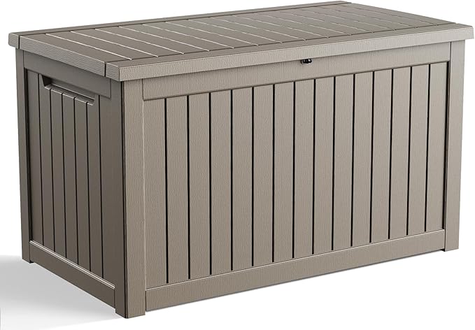 230 Gallon Outdoor Deck Box,Storage Lockable Waterproof Patio Furniture,Garden Tools,Cushions,Pool Accessories Outside Storage Resin Box(Grey)-VerdiqueGarden