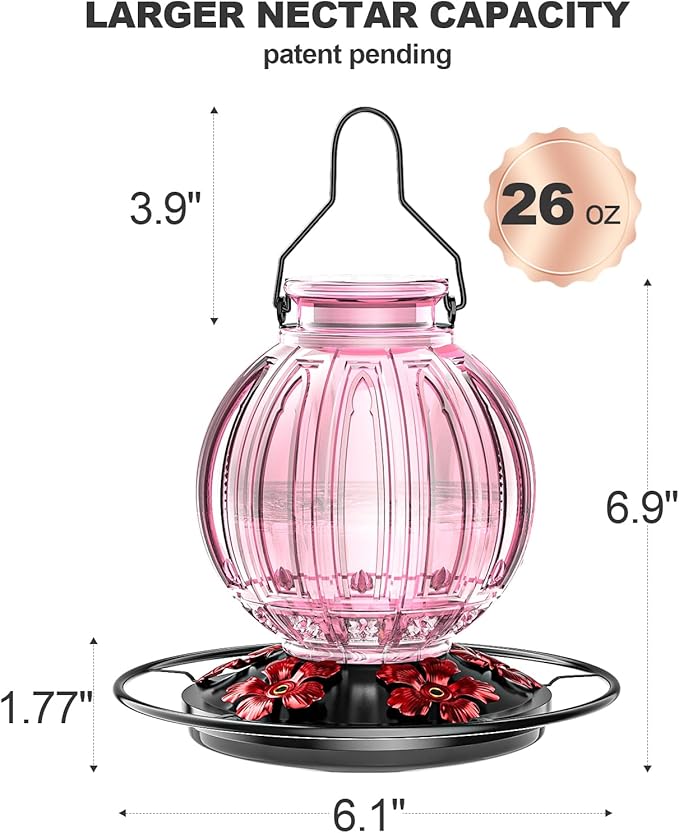 Glass Hummingbird Feeder for Outdoors Hanging, Bird Nectar Feeder with Perch & 5 Flower Feeding Ports, 26 Oz Leak Proof for Outside Garden Decor Backyard, Gifts for Women Mom, Pink-VerdiqueGarden