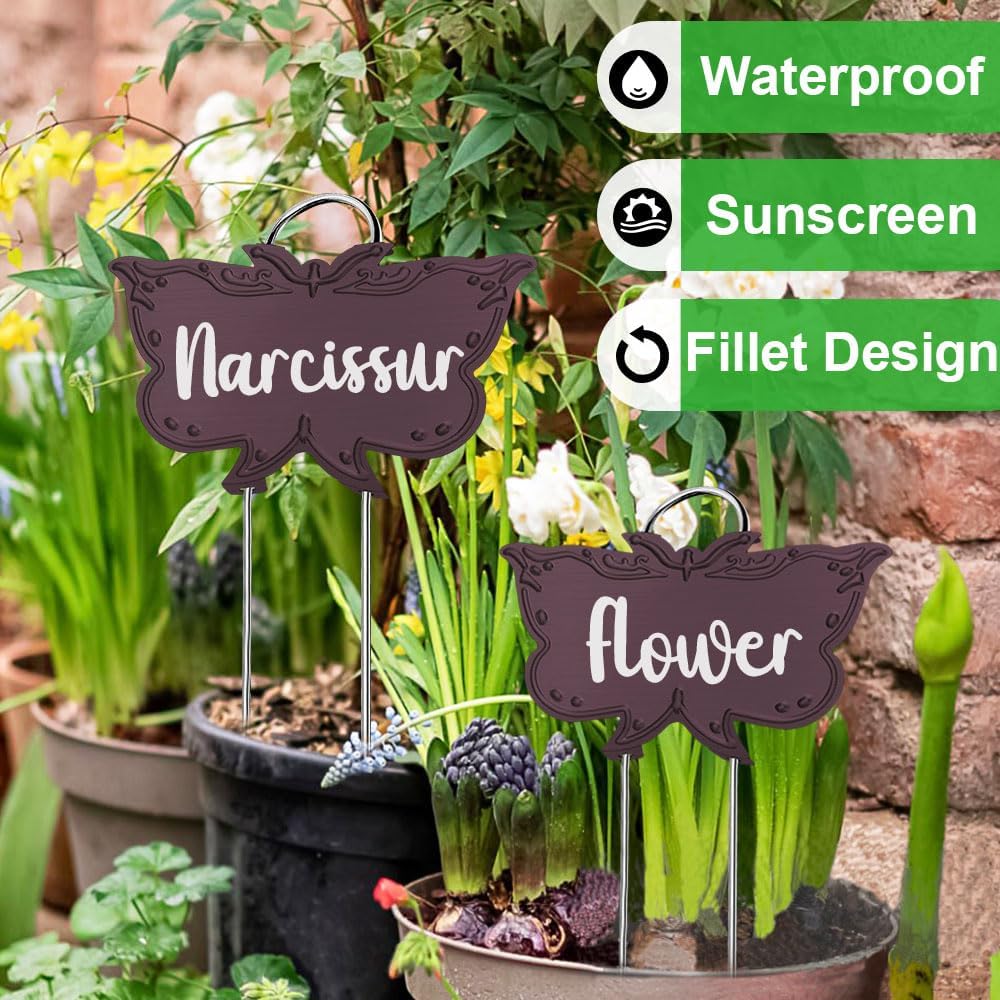 Metal Plant Labels, Tall Outdoor Butterfly Garden Markers for Flowers, Fruits and Vegetables, 304 Stainless Steel Weatherproof Signs (25 Packs, 4" x 2.3", Purplish Red Butterfly Design)-VerdiqueGarden