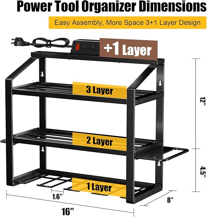Power Tool Organizer With Charging Station, Heavy Duty Steel 4 Slots, Tool Battery Holder with 4 Outlet Power Strip, Easy To Install Garage Storage Rack for Workshop/Shed Gift For Men-VerdiqueGarden