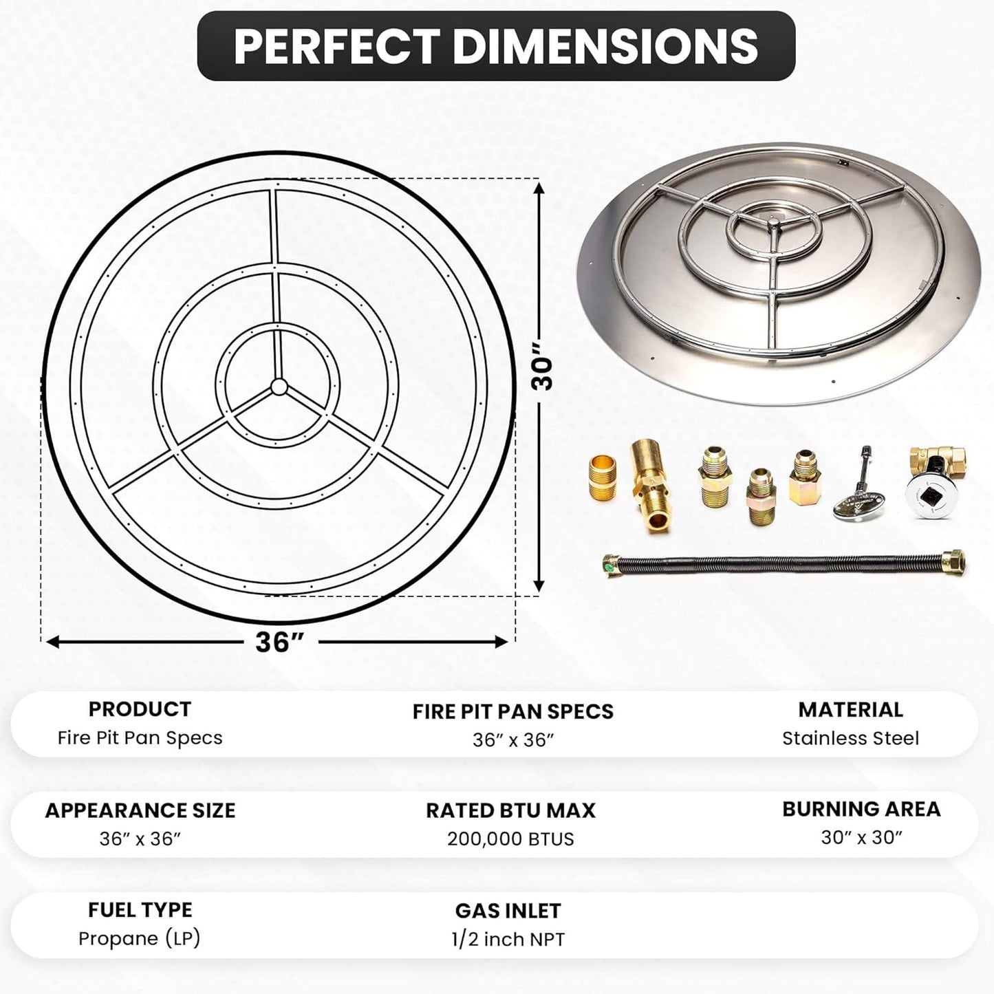 Fire Pit Burner Pan & Ring - Works with Liquid Propane - Stainless Steel Fire Pit Burner Kit 36-Inch Pan, 30-Inch Ring - 200,000 BTU Max-VerdiqueGarden