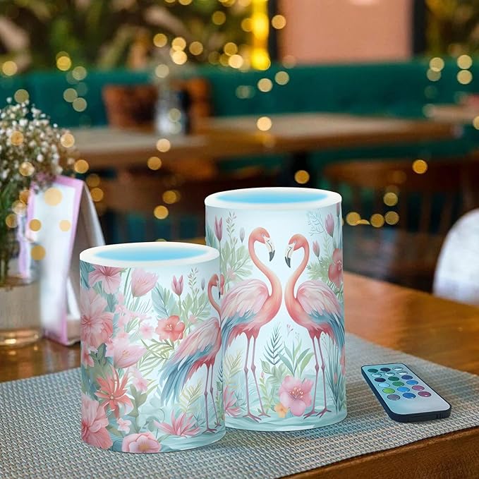 Flickering Flameless Candles, Pink Flamingo Print LED Candles with Remote Timer, Set of 2 Battery Operated Candle for Valentine Wedding Birthday-VerdiqueGarden