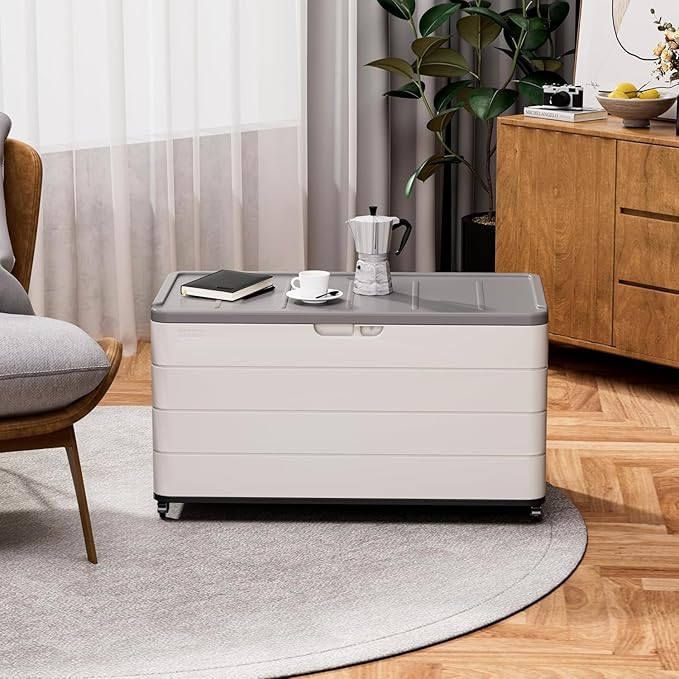 100GAL White Resin Deck Box with Wheels – Lockable, Waterproof, SGS-Tested UV Resistance, Spacious Outdoor Storage for Patio Cushions & Pool Gear, Easy Assembly-VerdiqueGarden