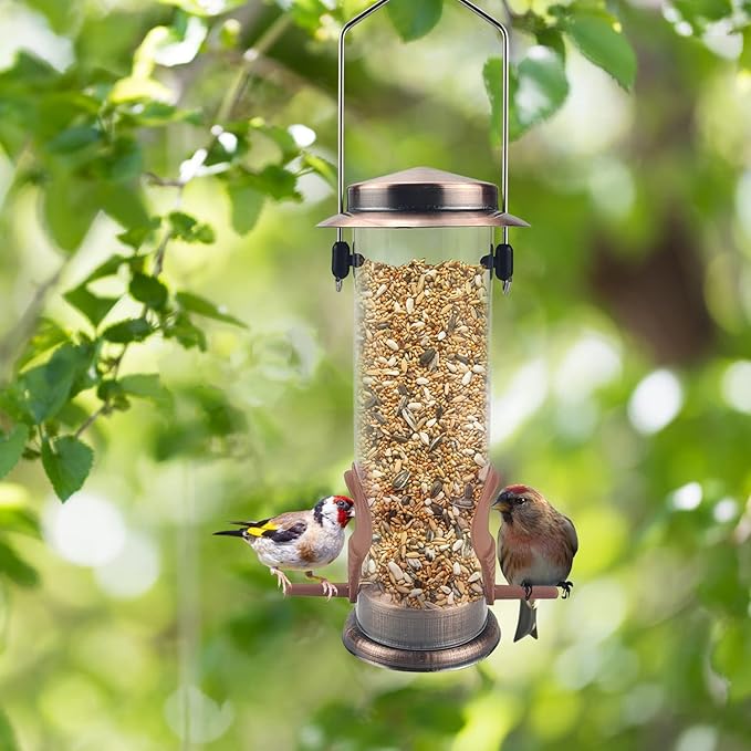 MIXXIDEA Wild Bird Feeders for Outdoors Hanging 2 Pack Stainless Steel Tube Bird Feeder, Water Resistant Finch Bird Feeder for Garden Backyard Decoration Attractive Metal Thistle Feeder (Copper)-VerdiqueGarden