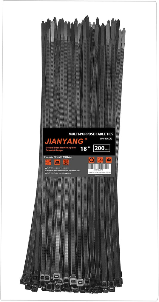18 Inch Zip Ties Double Sided Toothed,100 LBS Tensile Strength Heavy Duty Cable Wire Ties With Self-Locking Adjustable More Durable Nylon Tie Wraps for Indoor Outdoor（200 Pack）-VerdiqueGarden