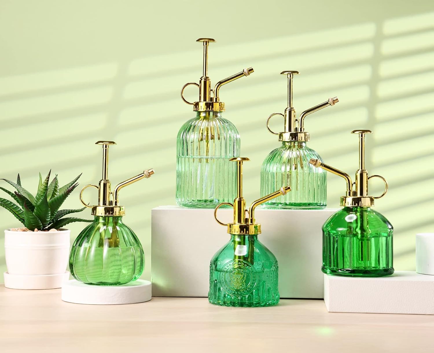 Glass Plant Mister Spray Bottle, 6.5" Green Glass Water Spray Bottle with Gold Top Pump Small Watering Can, Small Plant Sprayer Mister for Indoor Outdoor House, Green+Gold (Green+Gold D)-VerdiqueGarden