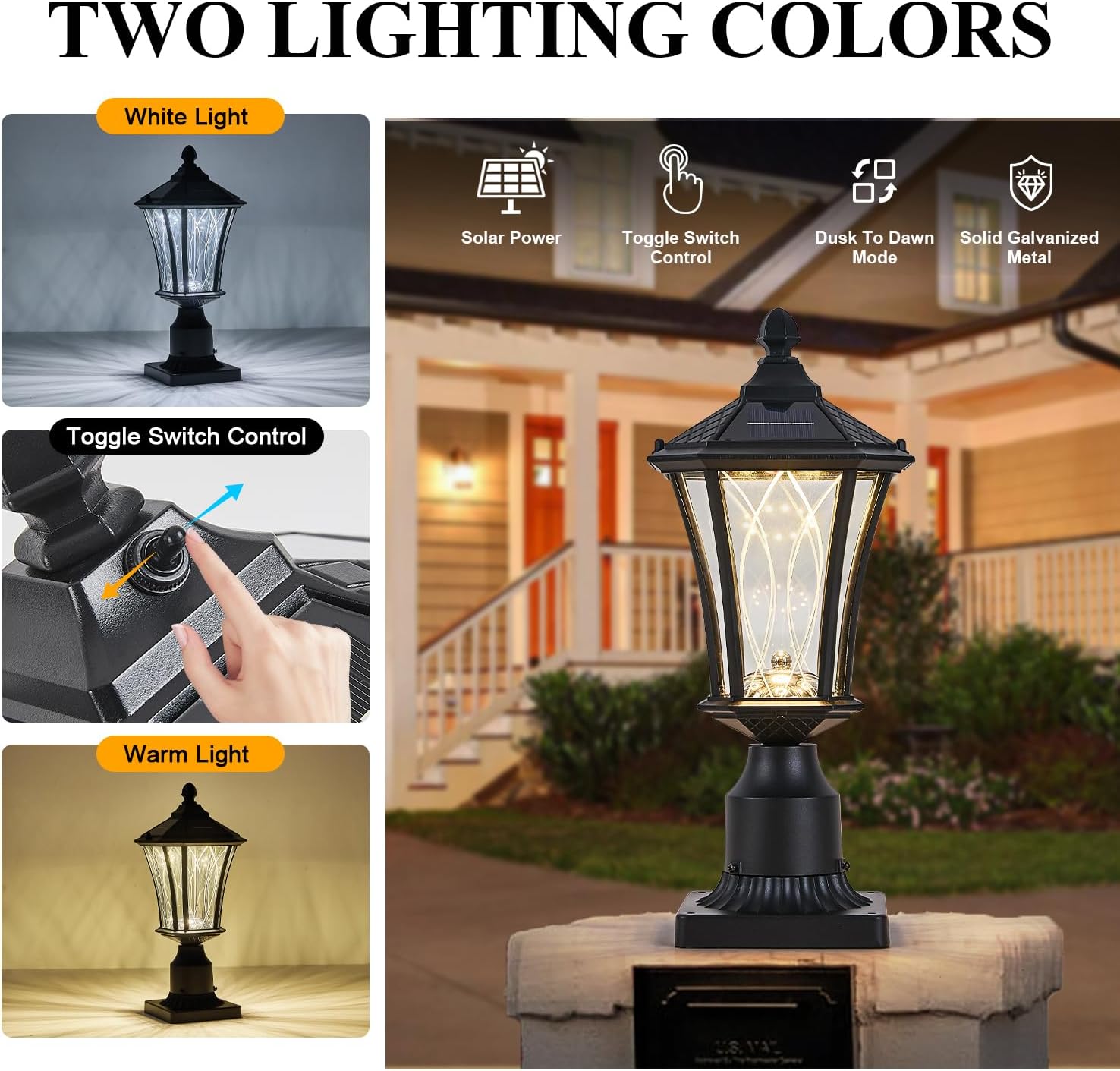 2 Pack Solar Lamp Post Lights with Pier Mount Base, Dusk to Dawn Outdoor Pillar Lights with Patterned Glass, Waterproof Exterior Pole Lamps Head for Driveway, Patio, Garden, Black-VerdiqueGarden