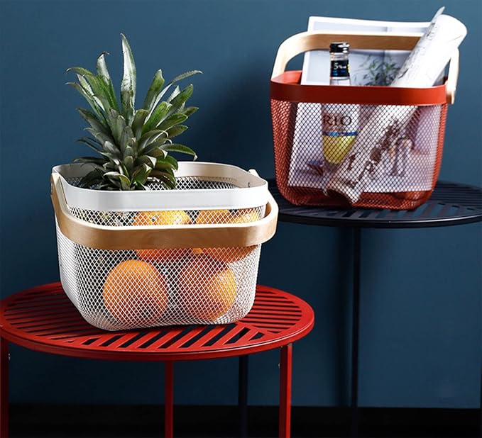 Metal Mesh Steel Basket, Storage Organizer Basket Multi-functional Hanging Kitchen Baskets Fruit Basket Bin with Bamboo Handle for Kitchen Bathroom Picnic Shopping Decor Cabinet Home, Red-VerdiqueGarden