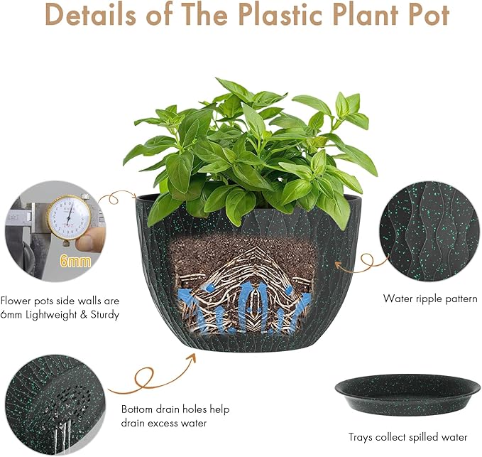 12 Inch Wide Water Ripples Flower Pots for Indoor or Outdoor Plants, Large Plant Pots with Drainage Holes & Saucer, Plastic Planters Set for Garden & Home Decor (Black with Green Speckles)-VerdiqueGarden