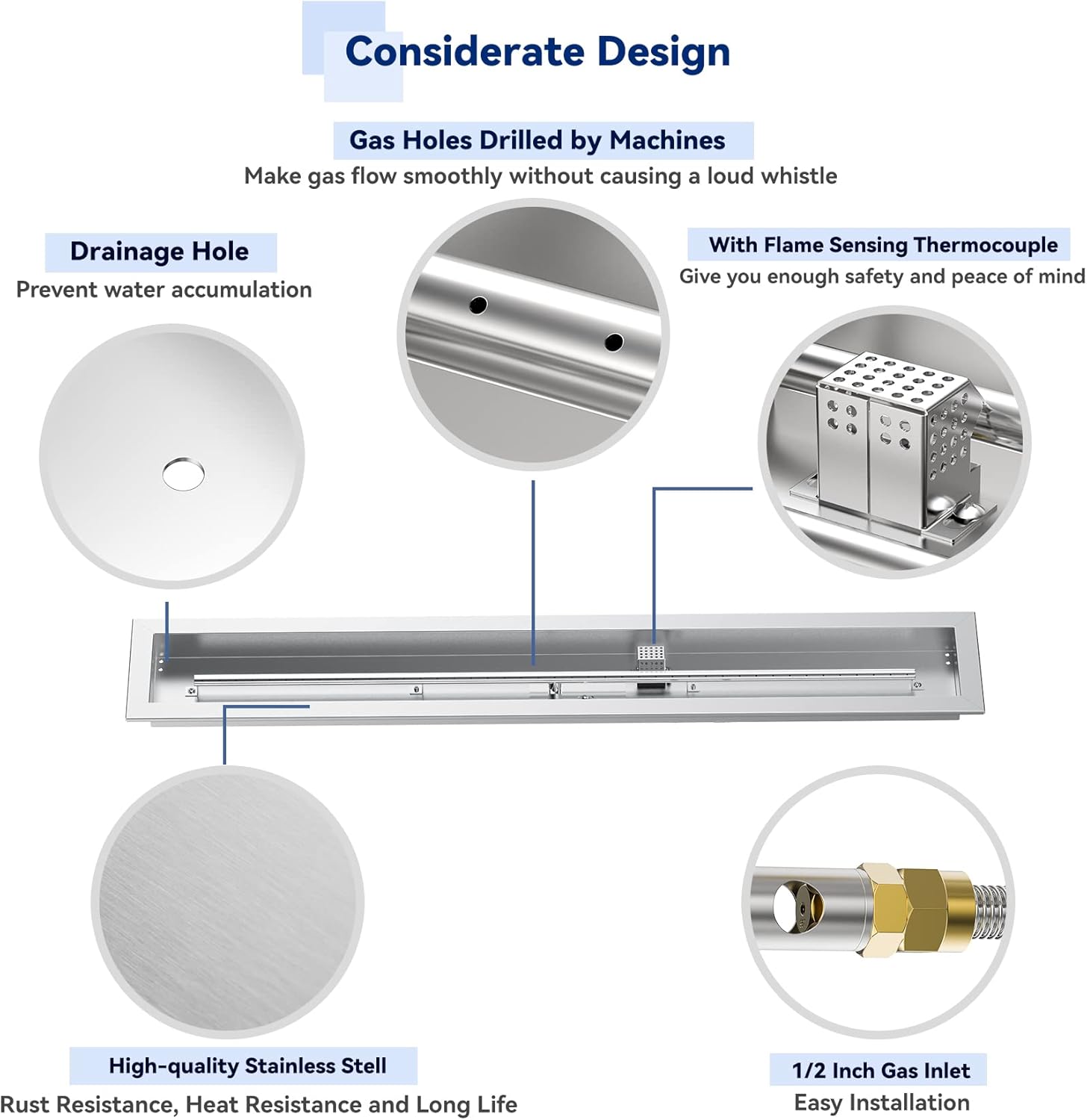 Skyflame Spark Ignition Gas Fire Pit Burner Kit, 48" Linear Stainless Steel Complete Drop-in Burner Kit with Flame Sensing, CSA Certified, Propane Regulator Connector Hose Set for Propane Tank-VerdiqueGarden