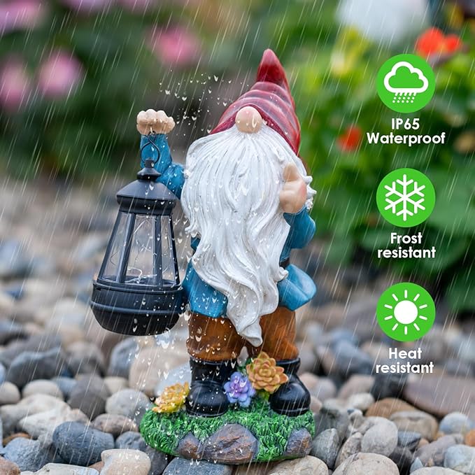 Solar Garden Statue Lights Gnome Figurine with Solar Lantern, Outdoor Garden Succulent Ornaments Waterproof Christmas Decoration for Outside Patio Yard Lawn Decor-VerdiqueGarden