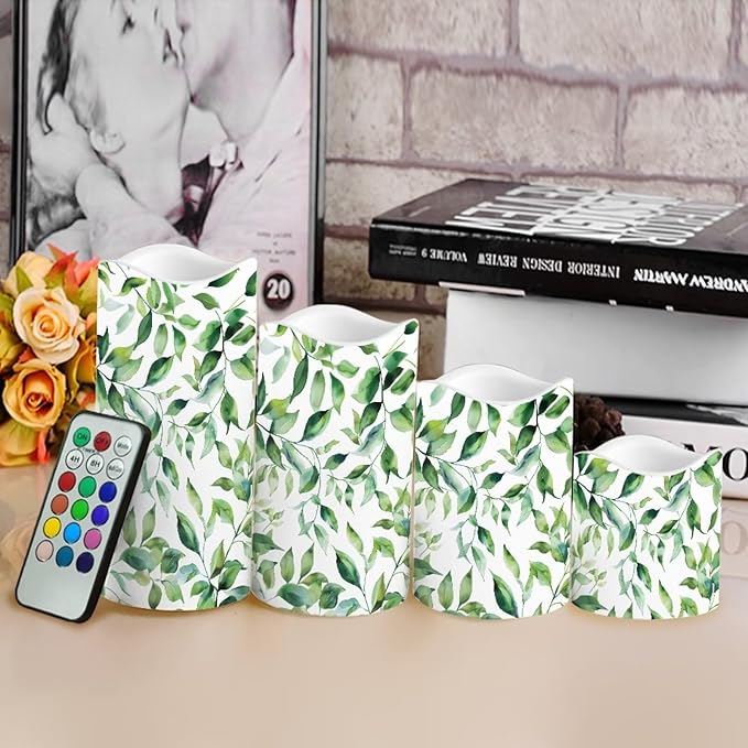 Ystardream Green Leaf Flameless Candles with Timer 4 PCS Led Candle Battery Operated Fake Candle for Indoor Outdoor,Virthdays,Christmas,Thanksgiving,Valentine's Day-VerdiqueGarden