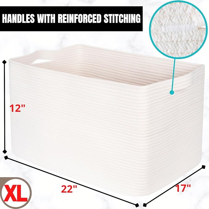 MINTWOOD Design 22in Extra Large Blanket Basket Holder Living Room, Rectangle Rope Woven Storage Basket with Handles for Laundry, Pool Towels, and Shoes, Dog Toy Organizer Bin Box, Creamy White-VerdiqueGarden