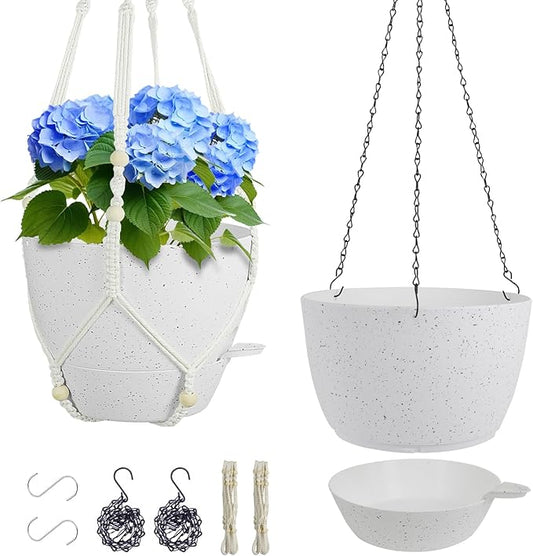10 inch Self Watering Hanging Planters, 2 Pack Hanging Baskets for Indoor Outdoor Plants, Hanging Flower Pots with Drainage Holes and 2 Kinds of Plant Hangers for Garden Decor, Speckled White-VerdiqueGarden