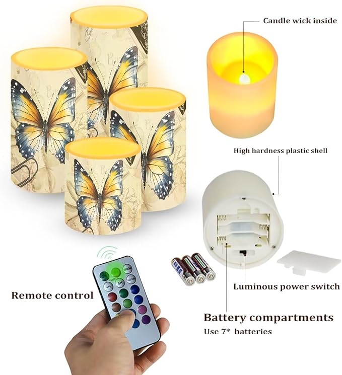 Flameless Candles Battery Powered with Multicolor Lights Timer Remote Control Everlasting Fake Candles for Party Garden Indoor Outdoor Wedding Decoration, Butterfly Yellow Retro-VerdiqueGarden
