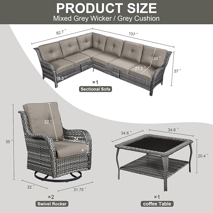 Outdoor Furniture Sectional Sofa L Shaped Couch - Patio Wicker Set with 2 Swivel Glider Chairs, 5 Piece Rattan Patio Conversation Sets with Gray Cushion for Deck Backyard Sunroom-VerdiqueGarden