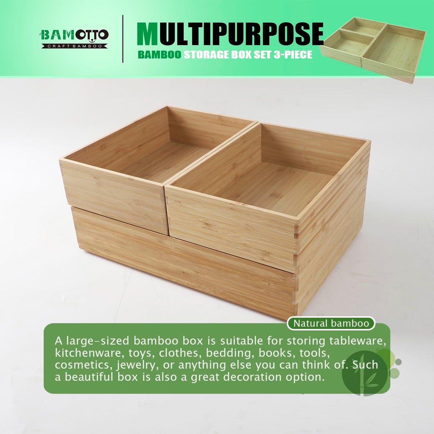 3-Piece Large Bamboo Storage Box Set, 3.9 in High, Stackable Deep-Drawer Organizer for Kitchen Cutlery, Cookware, Utensils & Knives, Lidless Wooden Bin (14.6"x10.2"*1+10.2"x7.3"*2)-VerdiqueGarden