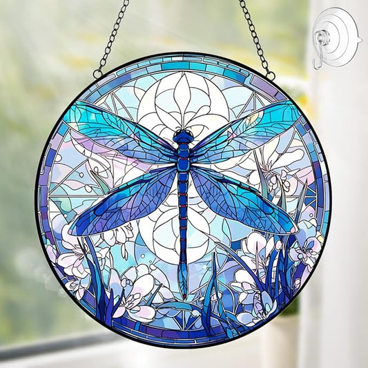 Dragonfly Decor Suncatcher Stained Glass Window Hanging - Handmade Artistic Suncatchers for Windows Hanging - Wall Home Decor Suncatcher with Metal Chain and Hook Gift for Women Mom Home Porch Garden-VerdiqueGarden