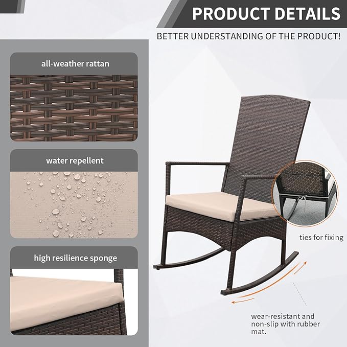 Outdoor Rocking Chair 3 Pieces High-Backed Rocking Chair Outdoor Patio Rocking Chairs Outdoor Table, Khaki-VerdiqueGarden