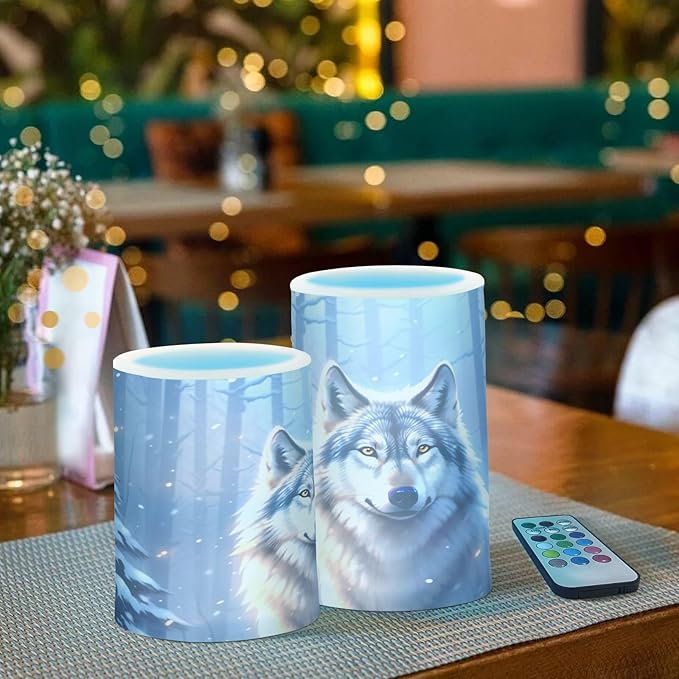 Flickering Flameless Candles, Wolf Winter Forest LED Candles with Remote Timer, Set of 2 Battery Operated Candle for Valentine Wedding Birthday-VerdiqueGarden