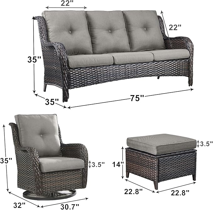 Outdoor Wicker Patio Furniture Set - 5 Piece Rattan Patio Conversation Set with 2 Rocking Swivel Chairs,2 Ottomans and 1 Sofa for Porch Deck Backyard Garden(Brown/Grey)-VerdiqueGarden